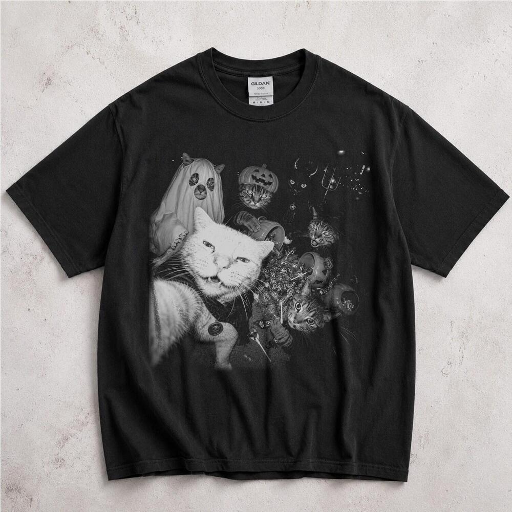 Funny Cat Gangster Halloween Selfie Shirt, Spooky Ghost Cat Apparel